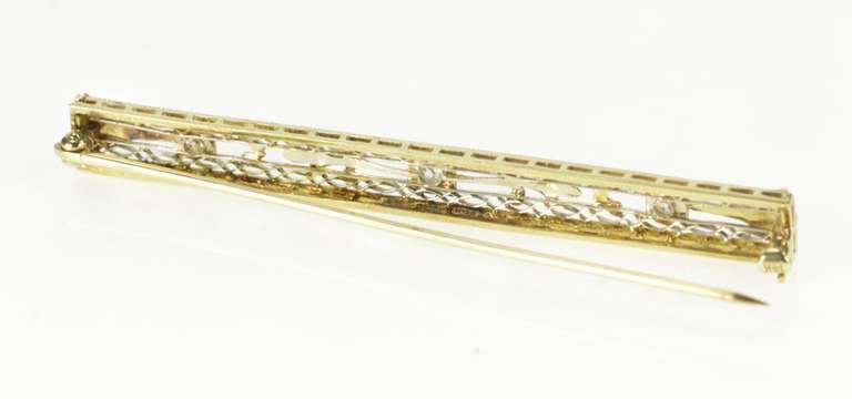 14K White Gold Art Deco Diamond Scroll Filigree Bar Pin/Brooch