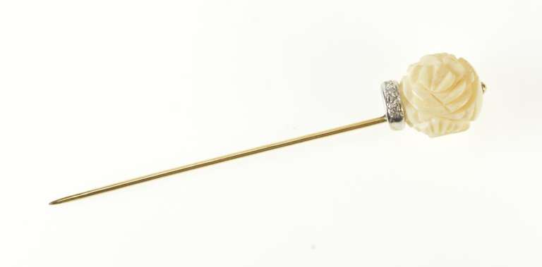 14K Yellow Gold Art Deco Carved Flower Diamond Accent Stick Pin