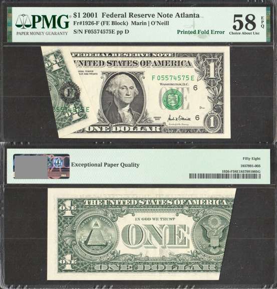 $1 2001 FRN Fr. 1926-F Printed Fold Error PMG Choice About Uncirculated 58 EPQ