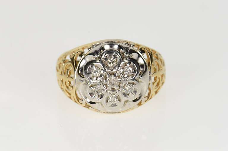 10K Yellow Gold Men's Retro Diamond Cluster Scroll Filigree Ring