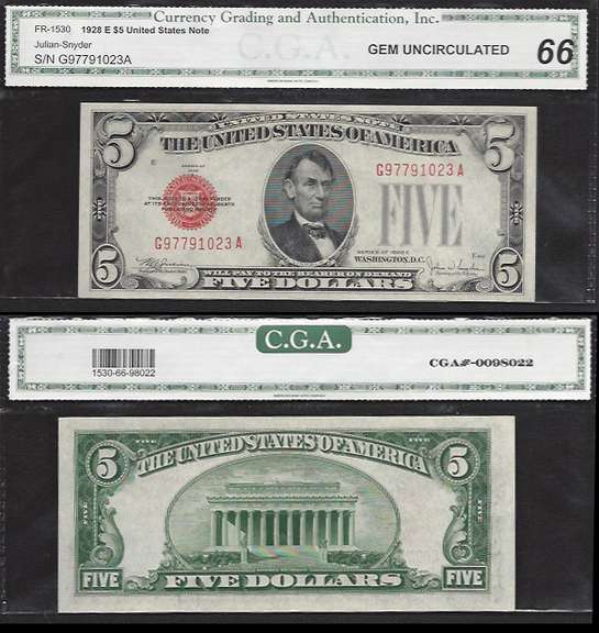 $5 1928-E Legal Tender Fr.1530 CGA Gem Uncirculated 66