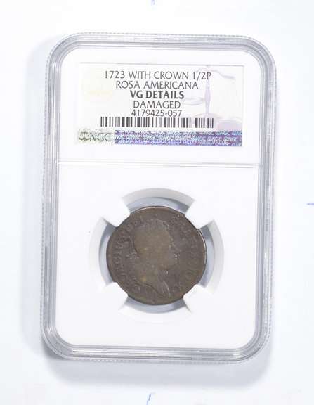 VG Details 1723 US Rosa Americana 1/2 Penny W/ Crown Damaged NGC