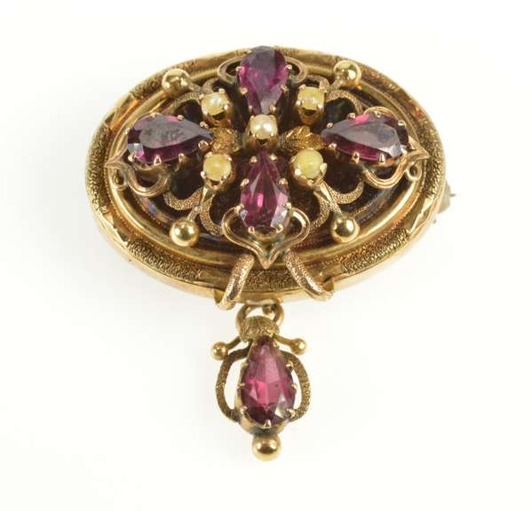 14K Yellow Gold Victorian Seed Pearl Tourmaline Statement Pin/Brooch