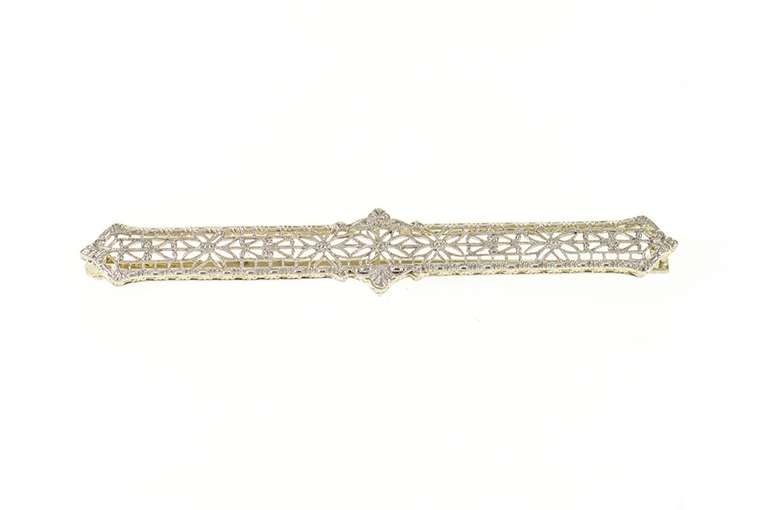 14K White Gold Art Deco Ornate Leaf Filigree Bar Pin/Brooch