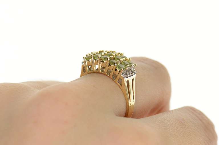 14K Yellow Gold Tiered Peridot Squared Cluster Diamond Cocktail Ring