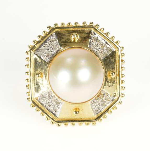 14K Yellow Gold Pearl Geometric Diamond Squared Cocktail Ring