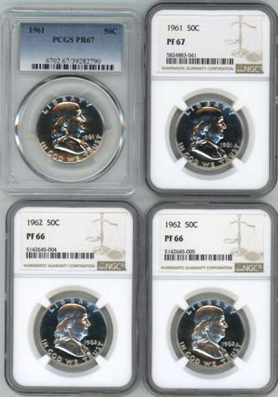 2 Gem PRF 1961 (PR67) and 2 1962 (PR66) Franklin 50c