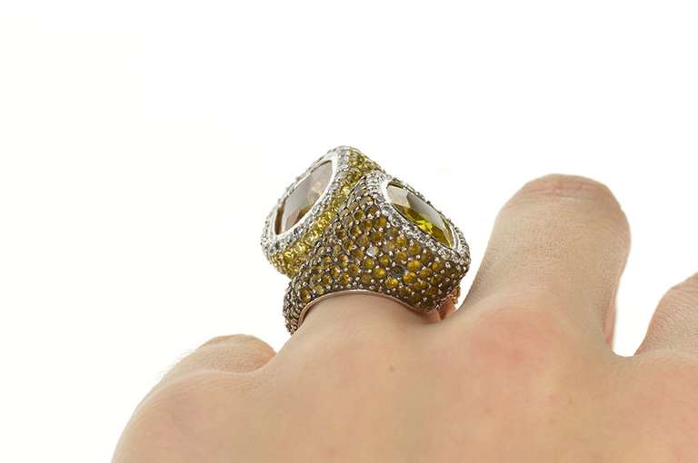 Sterling Silver Pave Syn. Yellow Topaz Sapphire Morganite Ring