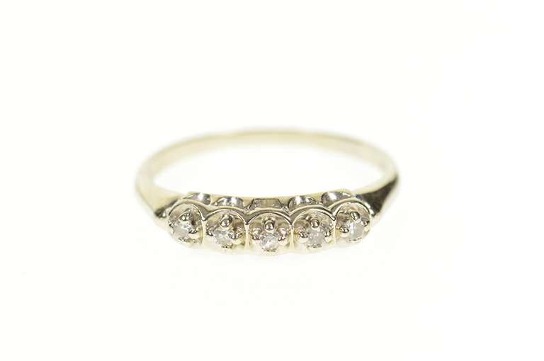 14K White Gold Five Stone Classic Diamond Wedding Band Ring