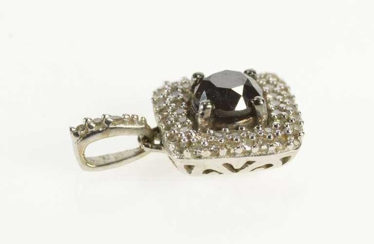 10K White Gold Black and White Diamond Square Halo Pendant