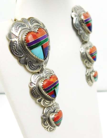 Q.T. Zuni Sterling Triple Heart Gemstone Earrings