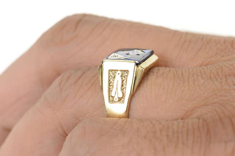 10K Yellow Gold Masonic Syn. Sapphire Diamond Accent Men's Ring