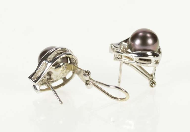 14K White Gold Grey Pearl Diamond Accent French Clip Back Earrings