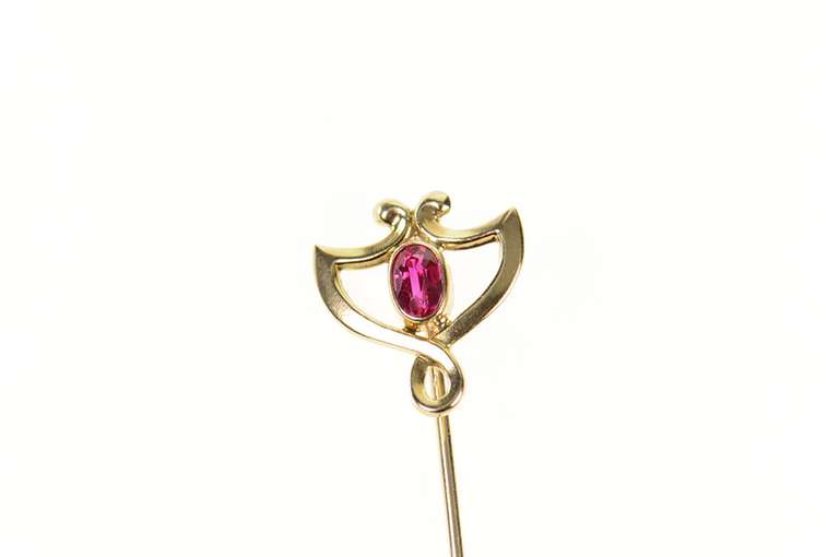 10K Yellow Gold Art Nouveau Oval Syn. Ruby Stick Pin