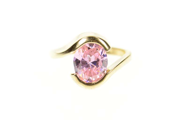 10K Yellow Gold Oval Pink Cubic Zirconia Solitaire Bypass Ring