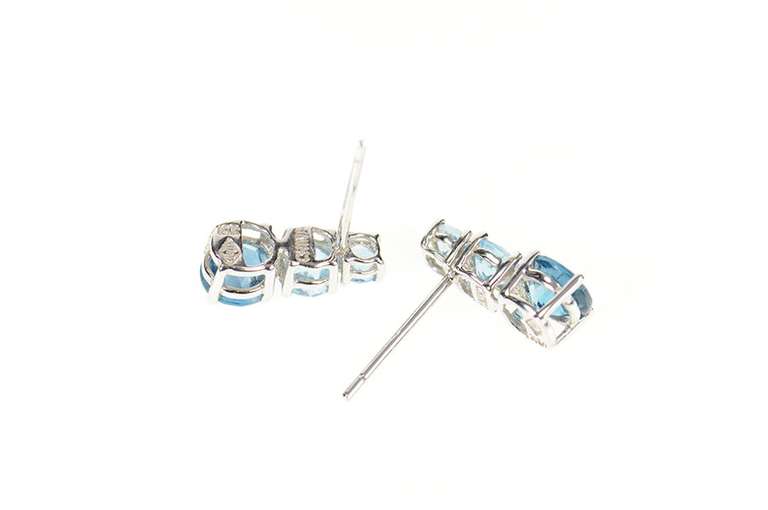 10K White Gold Tiered Round Blue Topaz Drop Stud Earrings