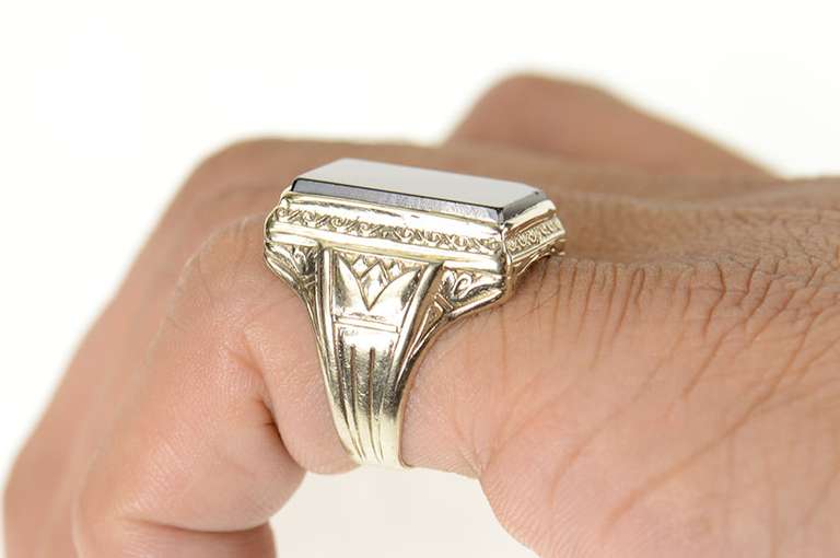 14K White Gold Art Deco Black Onyx Ornate Etched Statement Ring