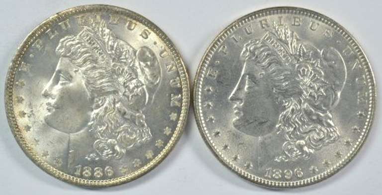 Near Gem BU 1886 and 1896 Morgan Silver Dollars