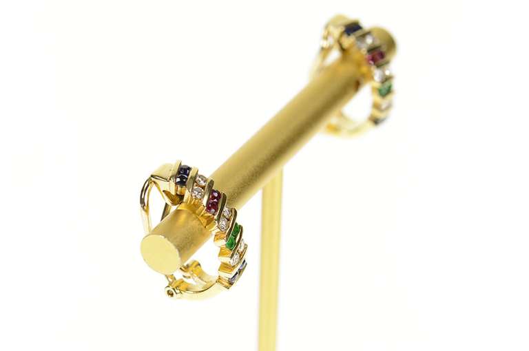 14K Yellow Gold Diamond Sapphire Ruby Emerald Clip Hoop Earrings