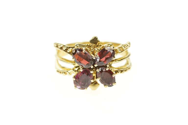 14K Yellow Gold Garnet Butterfly Retro Statement Cocktail Ring