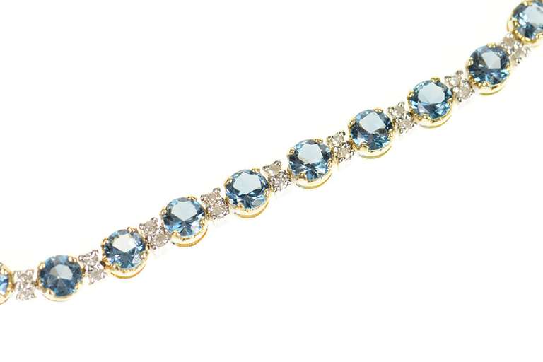 14K Yellow Gold Blue Topaz Diamond Accent Classic Tennis Bracelet