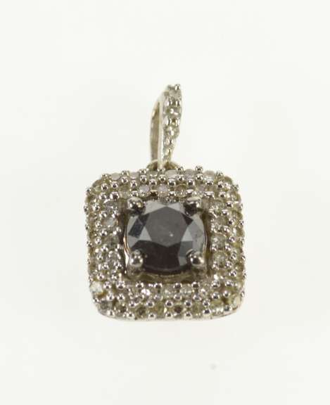 10K White Gold Black and White Diamond Square Halo Pendant