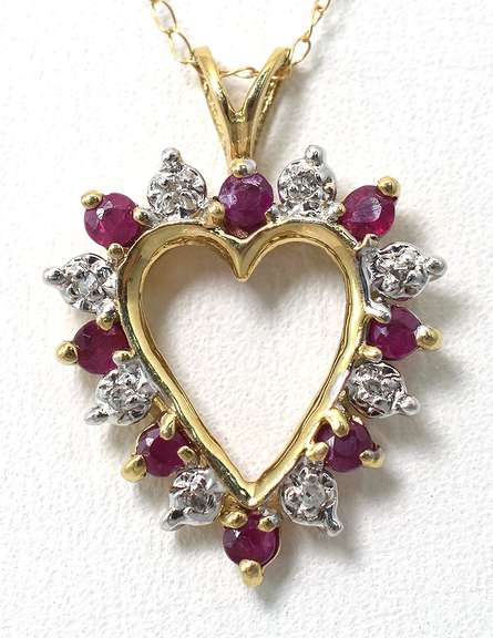 Adorable Ruby & Diamond Accent Heart Necklace in Yellow Gold