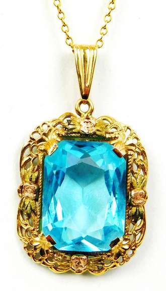 Stunning 10K Tri-Color Gold Topaz Pendant & Chain