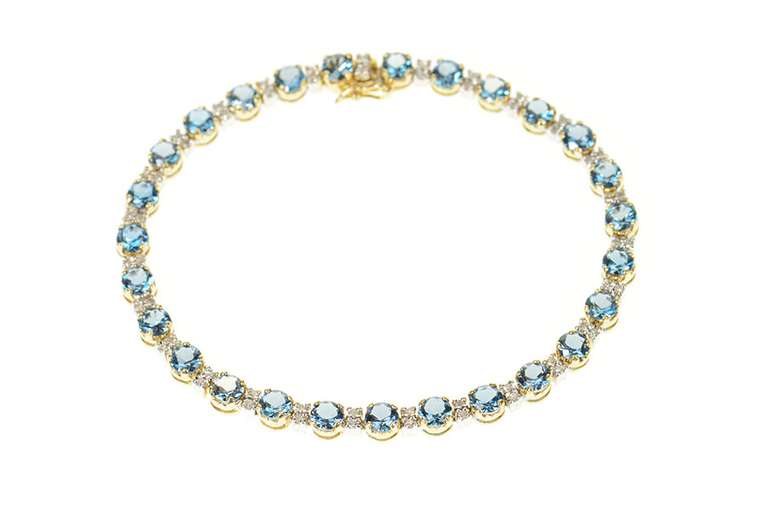 14K Yellow Gold Blue Topaz Diamond Accent Classic Tennis Bracelet