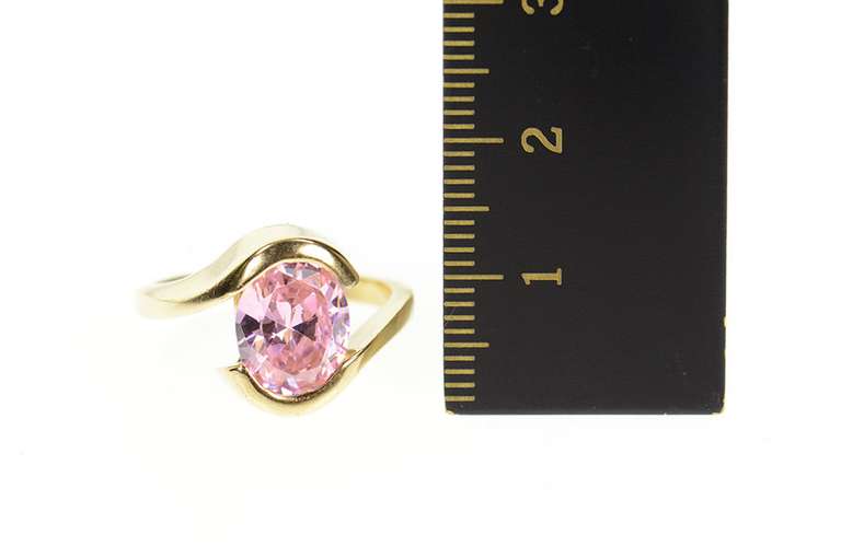 10K Yellow Gold Oval Pink Cubic Zirconia Solitaire Bypass Ring