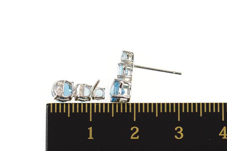 10K White Gold Tiered Round Blue Topaz Drop Stud Earrings