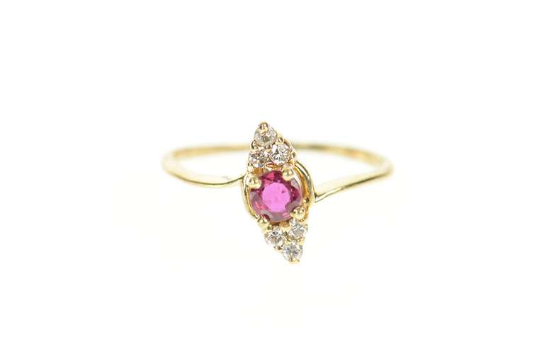 10K Yellow Gold Round Ruby Diamond Cluster Bypass Ring