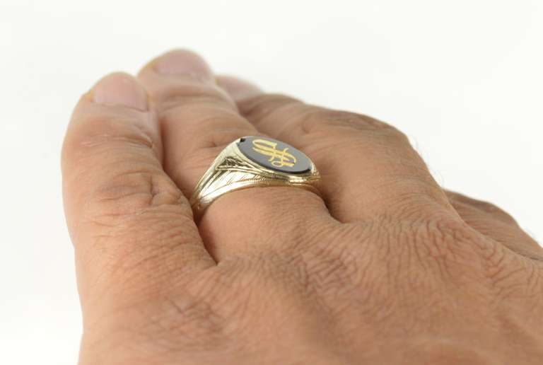 10K White Gold Art Deco Black Onyx S Monogram Letter Men's Ring