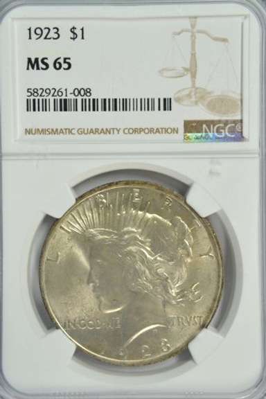 Gem BU 1923 Peace Silver Dollar. NGC MS65