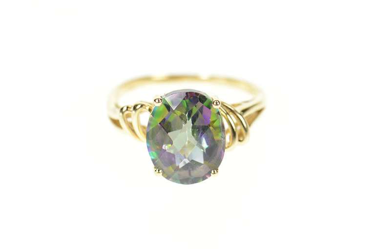 14K Yellow Gold Faceted Oval Mystic Topaz Statement Ring