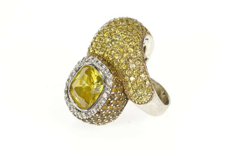 Sterling Silver Pave Syn. Yellow Topaz Sapphire Morganite Ring
