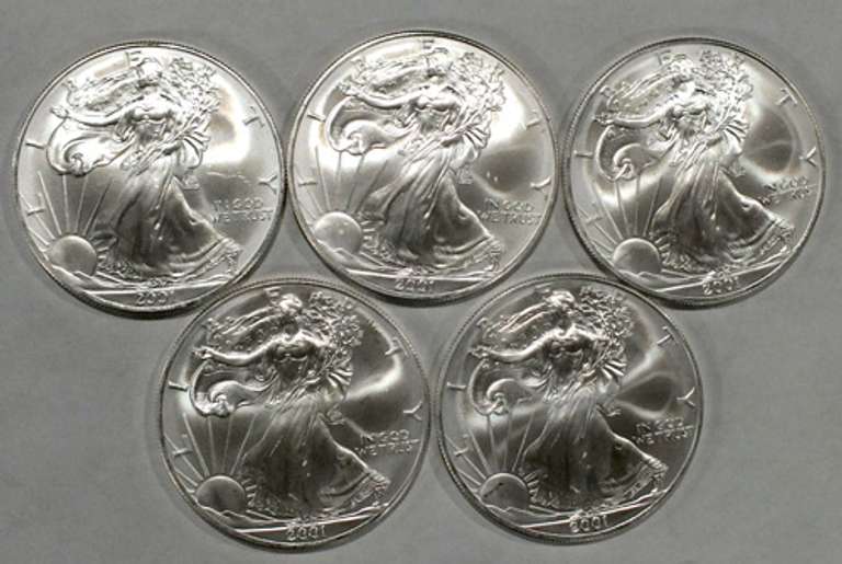 5 Liberty 1 oz .999 Fine Silver One Dollar Coins Year 2001