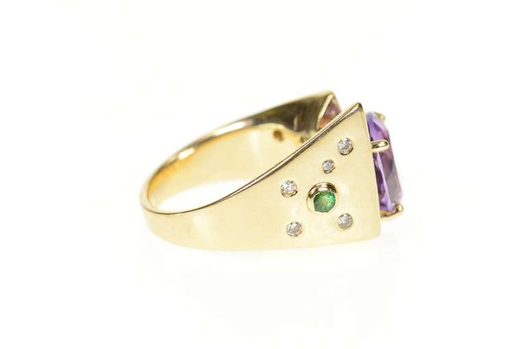 14K Yellow Gold Amethyst Geometric Flush Diamond Emerald Ring