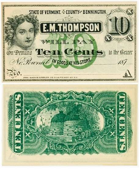 Crisp Exceptional 1870's .10 Cent Note E.M. Thompson Bennington County Vermont!