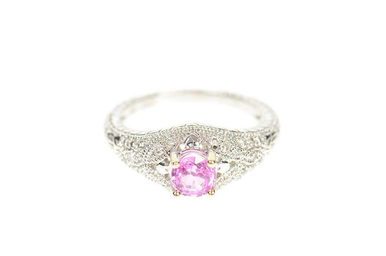 18K White Gold 1.74 Ctw Pink Sapphire Diamond Ornate Etched Ring