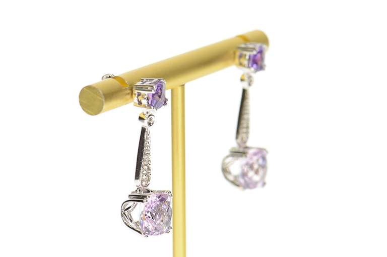 14K White Gold Amethyst Diamond Drop Dangle Statement Earrings