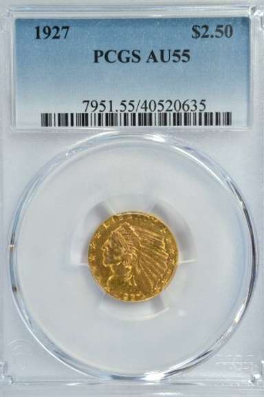 Near Mint 1927 US $2.50 Indian Gold Piece. PCGS AU55
