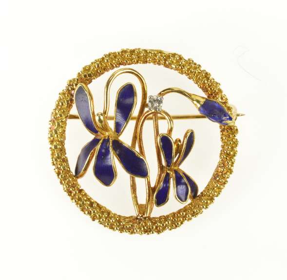 18K Yellow Gold Art Nouveau Blue Enamel Flower Diamond Pin/Brooch