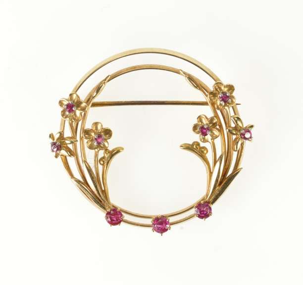 14K Yellow Gold 1960's Retro Ruby Floral Bouquet Circle Pin/Brooch