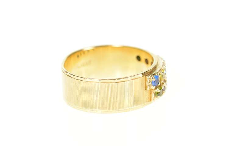 14K Yellow Gold Retro Gem Encrusted Textured Statement Band Ring