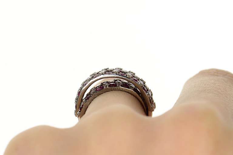 18K White Gold 1.76 Ctw Ruby Diamond Layered Checkered Band Ring