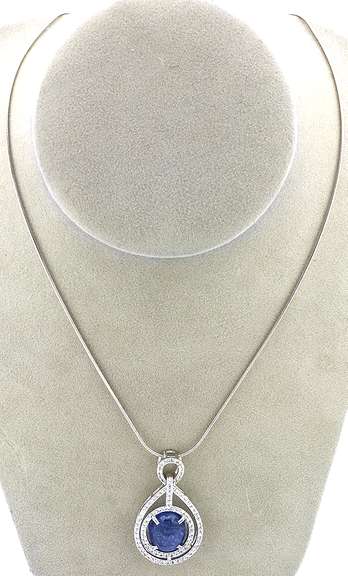 Gorgeous Massive 11.40CTS Carved Tanzanite & Sapphire Necklace in Sterling Silver