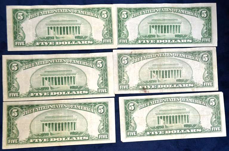 Lot Of 6 Five Dollar 1934 A Silver Certificates
