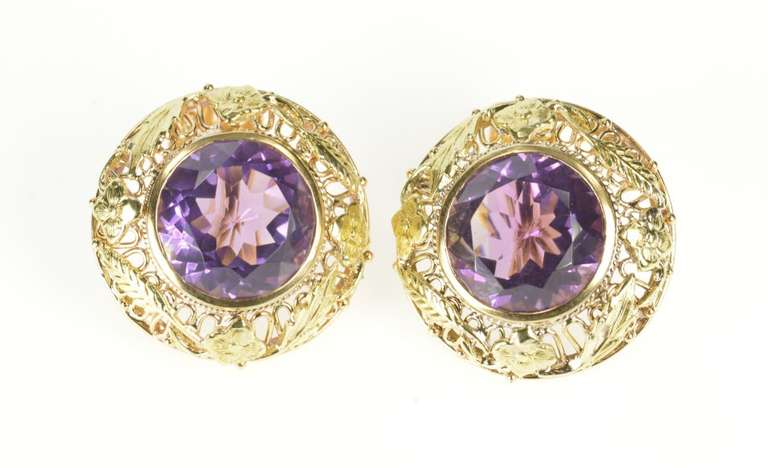 14K Yellow Gold Arts & Crafts Amethyst Flower Filigree Screw Earrings