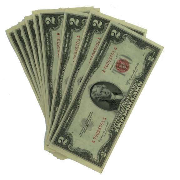 10 Consecutive CU 1953 B Series $ 2 US Notes From a Pack